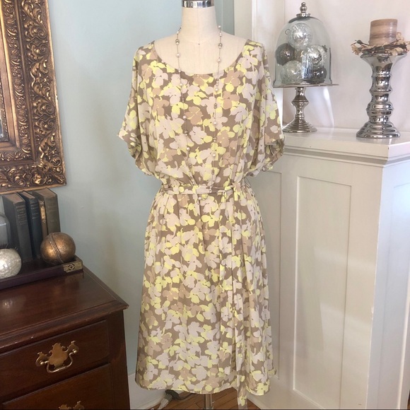 Lane Bryant Dresses & Skirts - Lane Bryant Tan & Yellow Floral Print Belted Dress